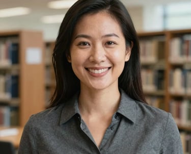 A professional portrait of a Southeast Asian woman smiling warmly, wearing a professional charcoal grey blouse, set against a blurred background of a modern academic library.