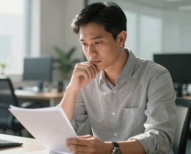 A candid photograph of a Southeast Asian professional man in a light grey shirt, looking thoughtfully at a manuscript in a modern, sunlit office.
