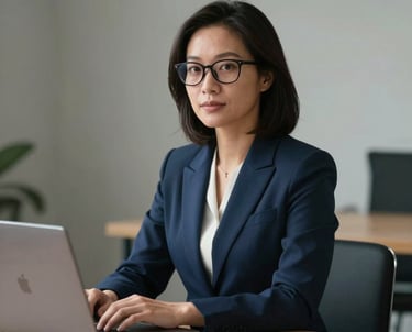 A portrait of a Southeast Asian woman with glasses in a professional navy blue suit, sitting in a minimalist workspace with a clean wooden desk and a laptop.