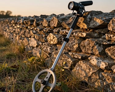A beautiful North American field during the golden hour. A high-quality metal detector lies resting against an old stone wall, symbolizing a successful day of discovery in the countryside.