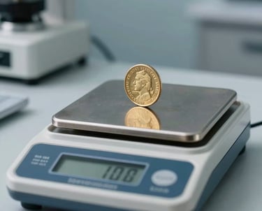Close-up of a high-precision digital scale in a professional North American office environment. A gold bullion coin is being measured accurately. The background is a soft, professional blue-gray.