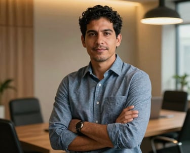 A portrait of a South American male investment specialist in a modern minimalist office with warm gold accent lighting, confident executive expression.