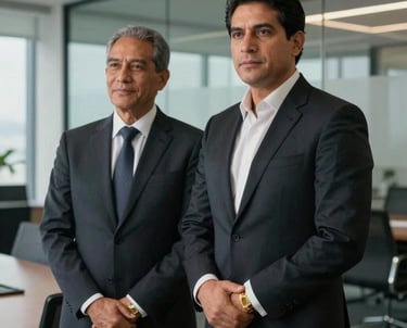 A professional executive portrait of a South American male partner wearing a dark suit and warm gold cufflinks, standing in a contemporary glass boardroom, sophisticated global corporate aesthetic.