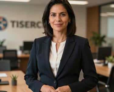 A corporate portrait of a South American female sustainability advisor in elegant dark attire in an international consultancy office background, warm lighting, authoritative style.