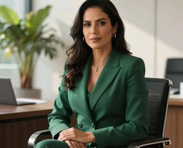 A polished executive portrait of a South American female director in a tailored dark green blazer, seated in a modern sunlit executive office with subtle indoor Brazilian foliage, high authority and confidence, professional corporate photography.