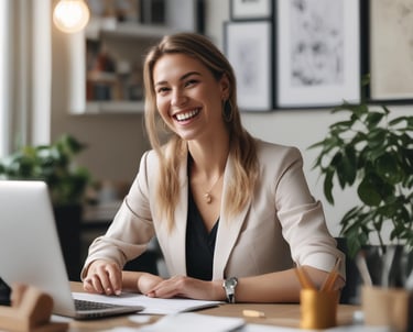 A confident woman smiling while working on her laptop in a cozy, elegant home office with golden and violet accents.