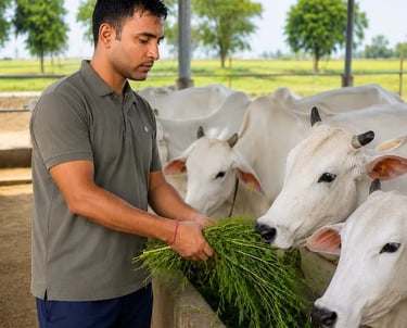 A farmer feeding fresh green fodder to white cows at a dairy farm.