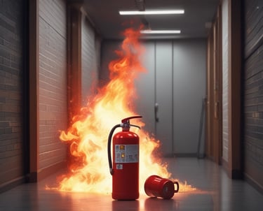 Technician inspecting fire extinguishers and safety equipment in a commercial building.