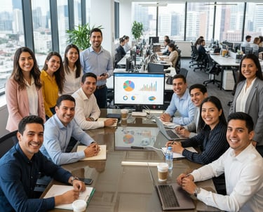 Empleados contentos trabajando en una empresa que les da el beneficio de un seguro de vida