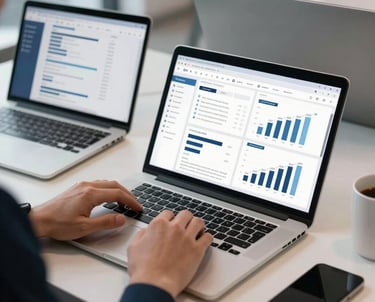 A professional using a laptop and tablet at a high-tech workstation in a bright, modern co-working space in North America. Visible on the screens are clean business templates and market research charts. The aesthetic is modern and trustworthy with deep navy and pale blue highlights.