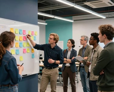 A collaborative workshop setting in a modern Canadian innovation hub. A group of diverse professionals are standing around a whiteboard with colorful sticky notes, actively discussing a project. The lighting is bright and industrial-chic with deep navy and teal accents.