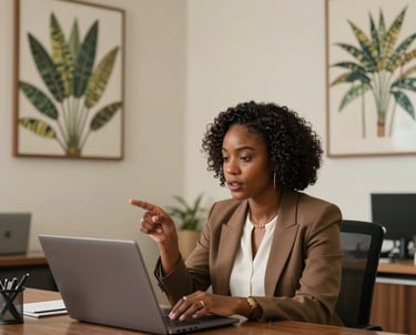 A medium shot of a professional woman in a modern office in Accra, West Africa, engaged in a strategic discussion over a laptop. The office features Earth Brown and Cream tones with local botanical art on the walls.