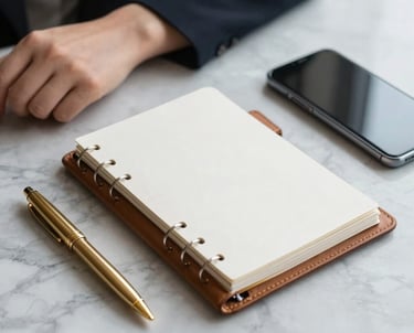 A sophisticated lifestyle photograph of a professional woman's work essentials: a gold pen, a leather-bound planner, and a modern smartphone on a marble surface.