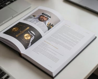 A clean, top-down photograph of a professional portfolio book open on a desk, showcasing sleek graphic design work, gold foil details, Middle Eastern / Gulf office environment.