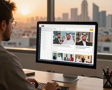 Portrait-style photography of a creative marketing professional's workspace with a high-end monitor showing social media campaign designs, warm sunset lighting, Middle Eastern / Gulf city views.