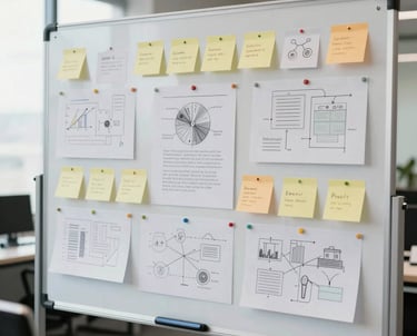 Professional photography of a marketing strategy board with post-it notes, sketches, and a tablet, shot in a bright, modern office.