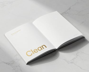 Clean, studio photography of a high-end corporate brochure with gold lettering, lying on a white marble floor with soft shadows.