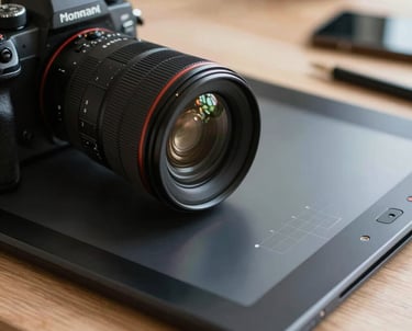 A close-up of a professional desk with a high-end camera lens and a graphic design tablet, representing the intersection of photography and design.