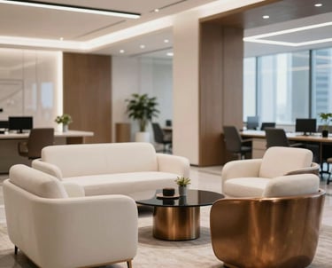 Photography of a modern office lounge in Dubai, with sleek furniture in off-white and bronze, creating an atmosphere of professional elegance.