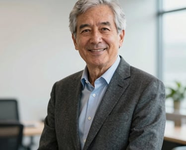 A professional portrait of a senior policy analyst in a bright, clean Canadian office setting, expressing trust and expertise through a warm yet professional look.