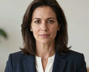 A professional headshot of a female leader in a North American corporate setting, looking empathetic and confident, with soft lighting and a neutral off-white background.