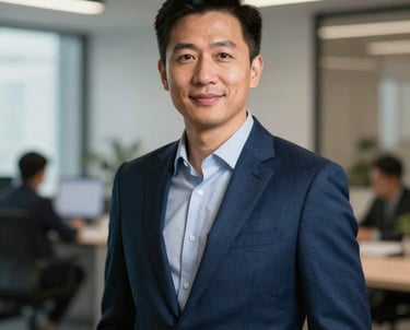 A professional headshot of a community organizer in a modern office, wearing a dark blue suit, looking approachable and resilient, North American style.
