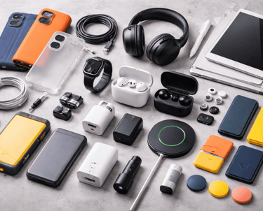 Vista superior de accesorios móviles, incluidos audífonos, baterías portátiles, cargadores y tableta