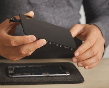 Técnico sosteniendo una pantalla de repuesto para smartphone durante un servicio de reparación