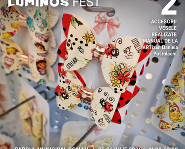 Handmade ladybug and floral pattern hair bows displayed at the Luminos Fest in Roman Municipal Park.