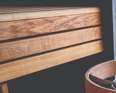 Cedar sauna bench with premium craftsmanship and smooth wood grain in an Outdoor sauna Ontario