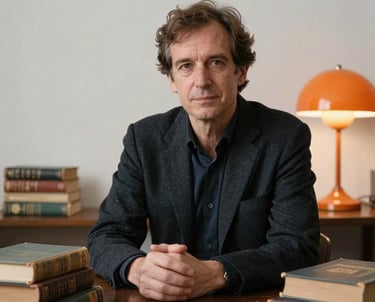 A portrait of an editor in a modern European / French studio, surrounded by vintage books and a burnt orange 70s lamp.