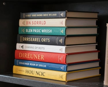 A stack of high-quality art books with colorful spines, placed on a retro dark charcoal shelf in a European / French home.