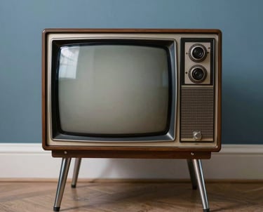 A vintage 1975 designer television set with chrome legs against a slate blue wall in a European / French interior.