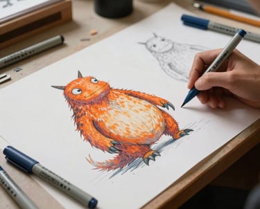 An artist's desk in a European / French atelier with sketches of a large orange creature and slate blue markers.