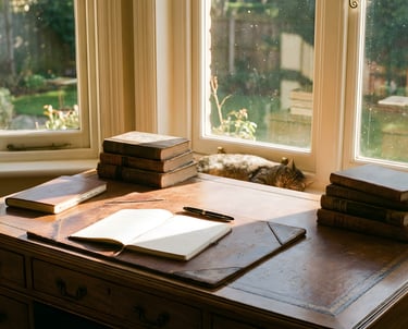Archival writing desk and manuscripts representing literary translation and cultural preservation.