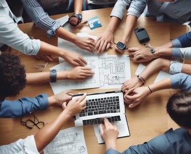 A vibrant workspace showing a team collaborating on digital marketing strategies with laptops and charts.