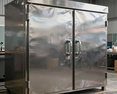 Large stainless steel walk-in cold storage room with double insulated doors in a commercial meat supplier warehouse.
