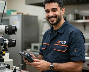 A Middle Eastern technician in uniform smiling while holding technical diagnostic tools in a commercial kitchen setting.