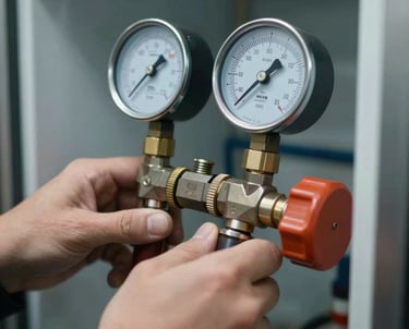 Close-up shot of hands using digital gauge meters checking gas pressure levels in a commercial refrigerator.
