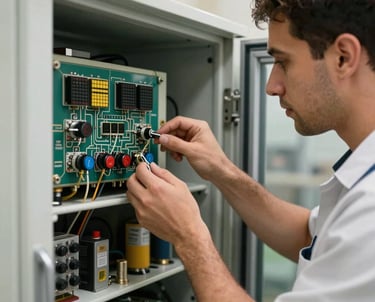 A professional technician repairing circuit controls inside an industrial freezer cabinet in Riyadh.