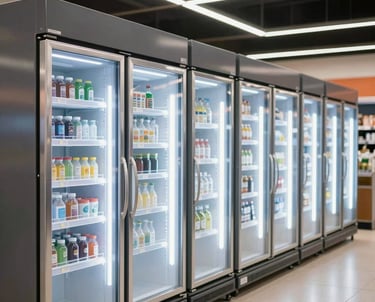 Row of clean commercial display fridges illuminated with bright crisp light inside a modern supermarket in Riyadh.