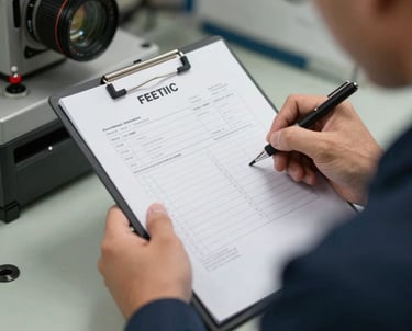 A technician writing a clear invoice and checking off a maintenance inspection list for a commercial client.