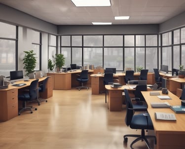 a man in a blue shirt and headphones is sitting at a desk with a