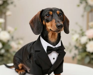 An adorable dachshund dog wearing a formal black tuxedo and bow tie sitting in front of white flowers.
