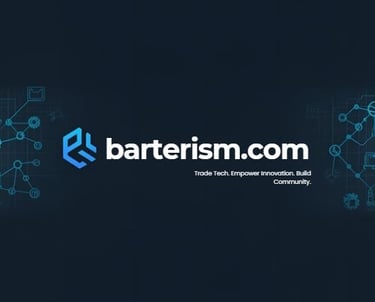 a dark blue and white logo with the word,'bartersm com '