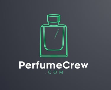 perfume crew green bottle with darh gray background and domain name perfume crew . com