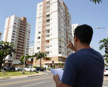 Real estate appraiser holding a clipboard and inspecting modern residential apartment buildings.