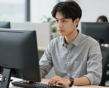 Estudante em frente do computador.
