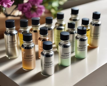 Close-up of elegant glass bottles filled with colorful fragrance oils arranged on a wooden table.