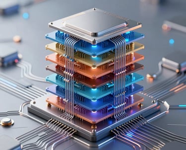 A sleek robotic arm interacting with digital data streams in a blue-lit environment.